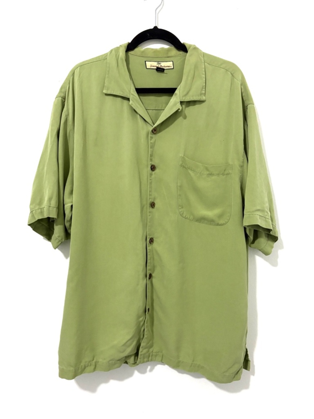 Tommy Bahama Mens L Silk Camp Shirt Green Short Sleeve Button Up Casual Solid